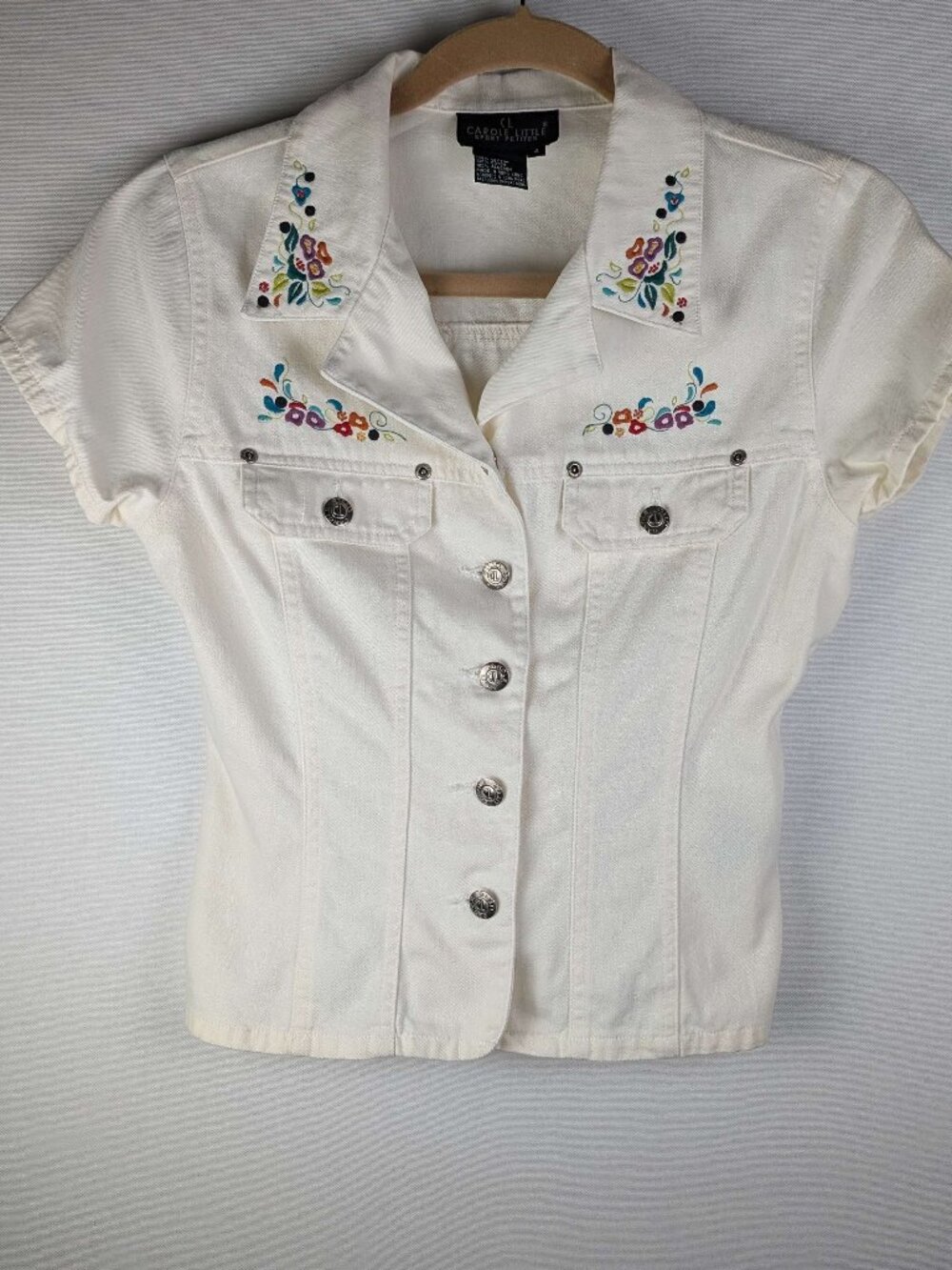 Vntg Carole Little Sport Petites Button-Front Embroidered Denim Shirt Jacket